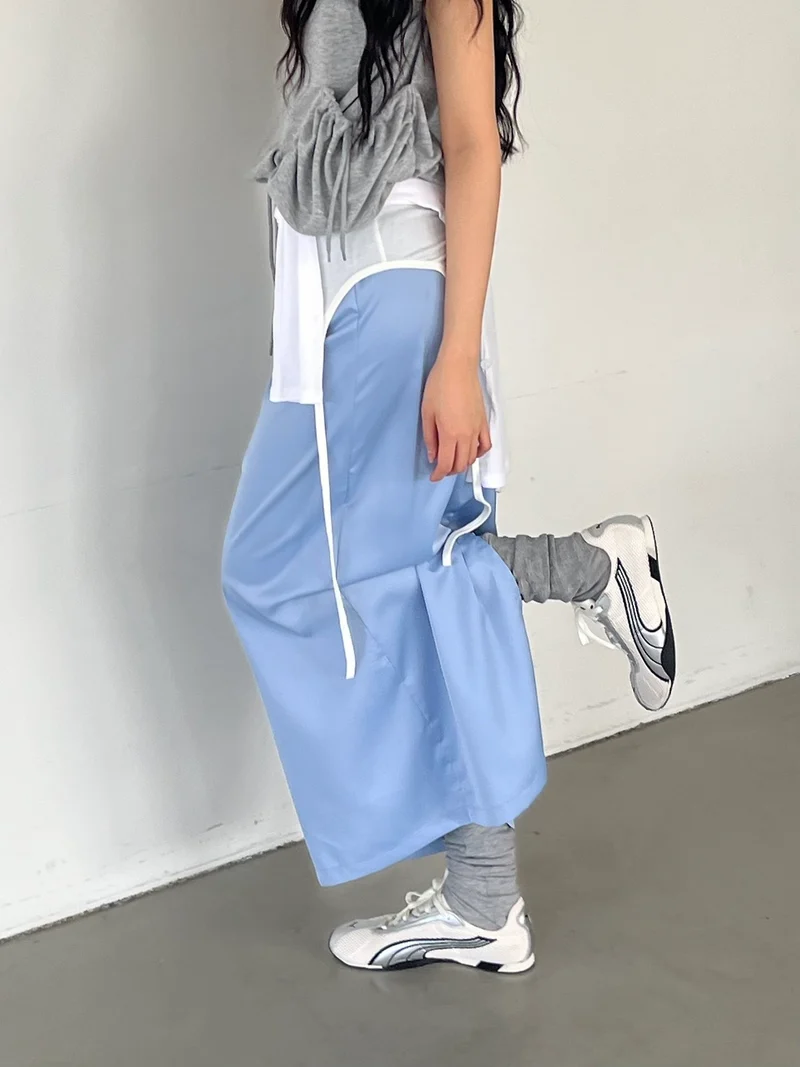 ASKHAKI Contrast Piping Drawstring Wide Leg Long Skirt