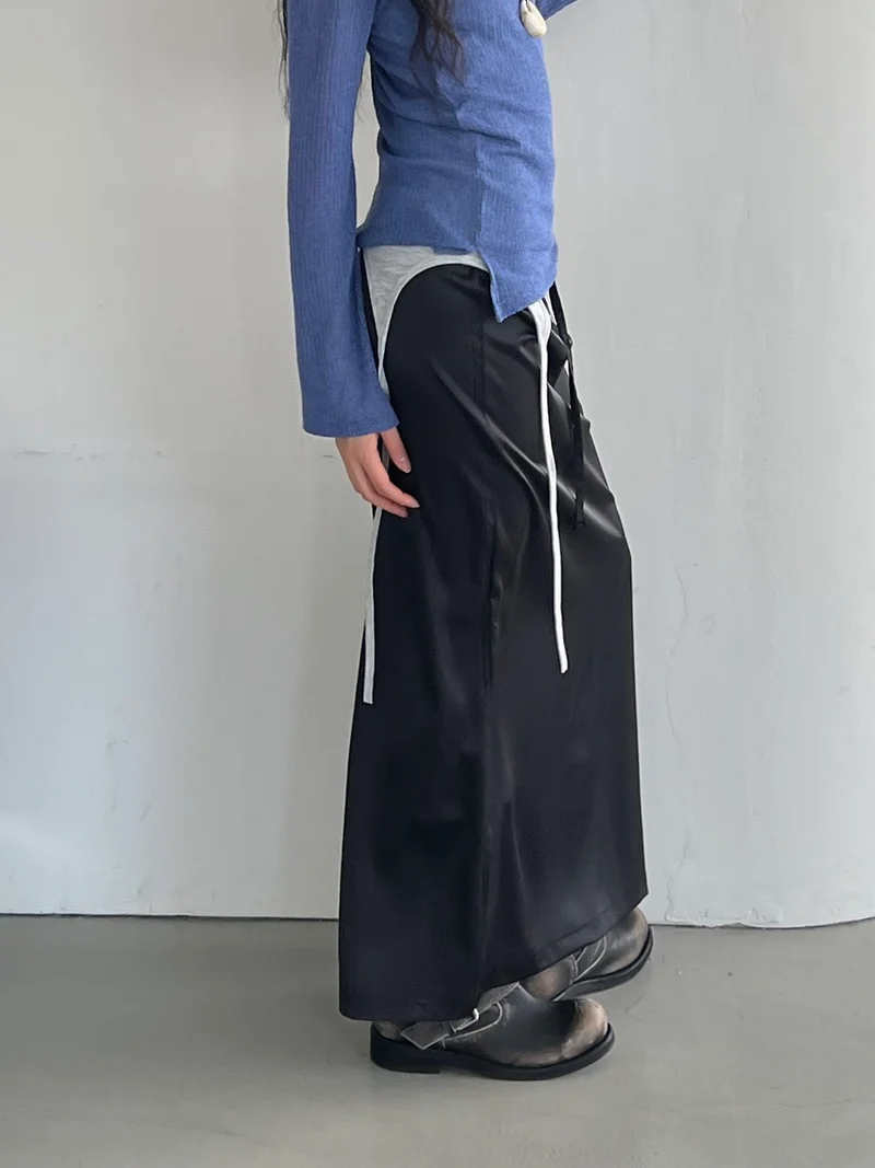 ASKHAKI Contrast Piping Drawstring Wide Leg Long Skirt