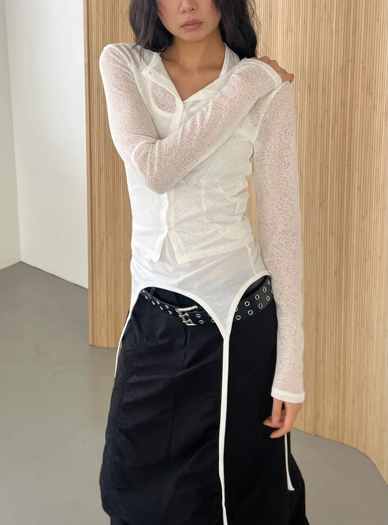 (2Pack) ASKHAKI Sheer Texture Button Front Slim Cropped Cardigan