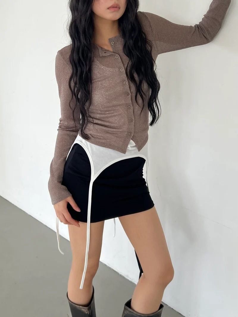(2Pack) ASKHAKI Sheer Texture Button Front Slim Cropped Cardigan