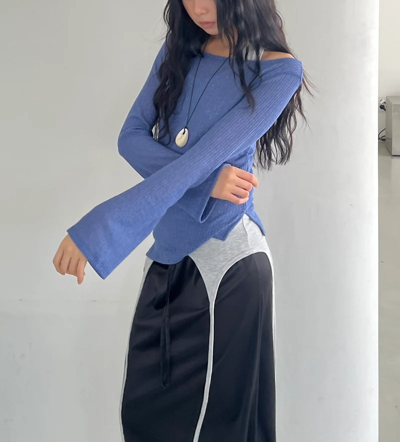 (2Pack) ASKHAKI Off-Shoulder Wide Neck Flare Cuff Asymmetric Hem Knit Top