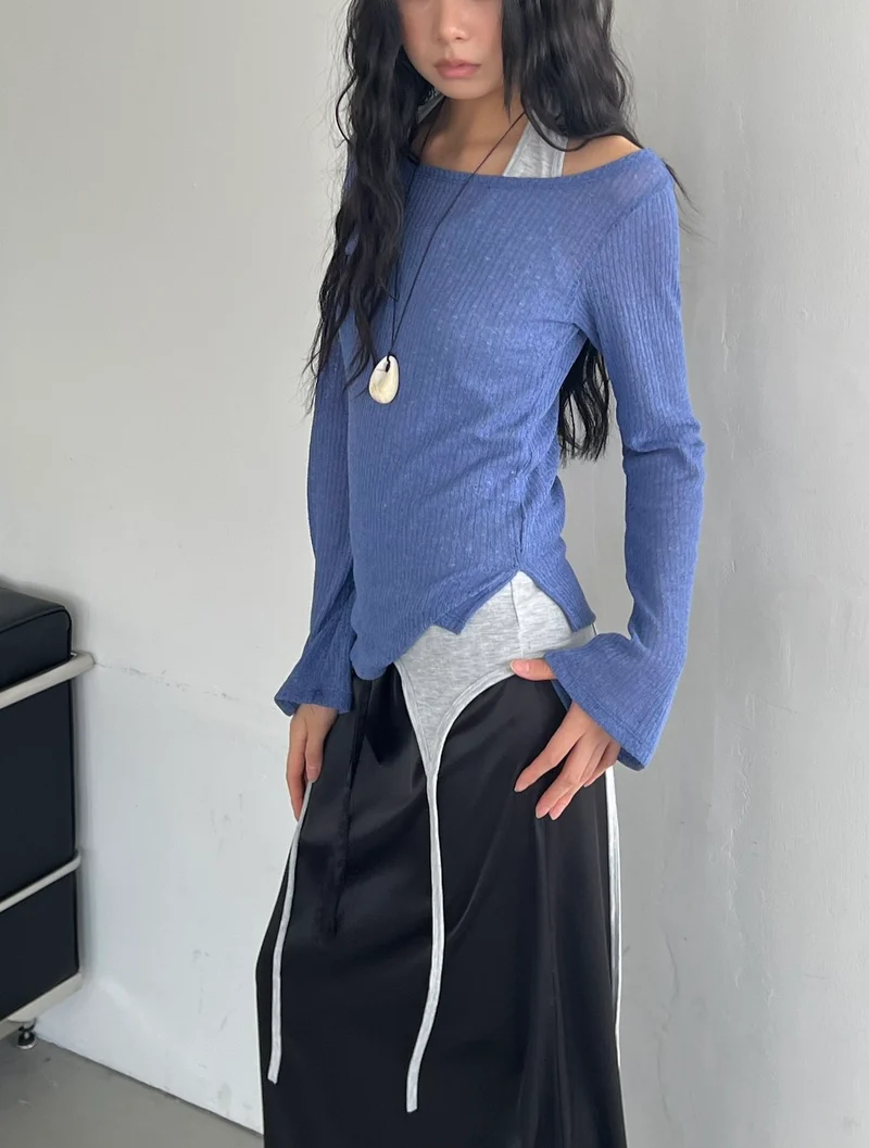 (2Pack) ASKHAKI Off-Shoulder Wide Neck Flare Cuff Asymmetric Hem Knit Top