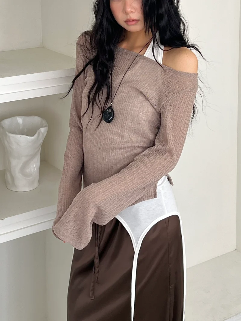 (2Pack) ASKHAKI Off-Shoulder Wide Neck Flare Cuff Asymmetric Hem Knit Top