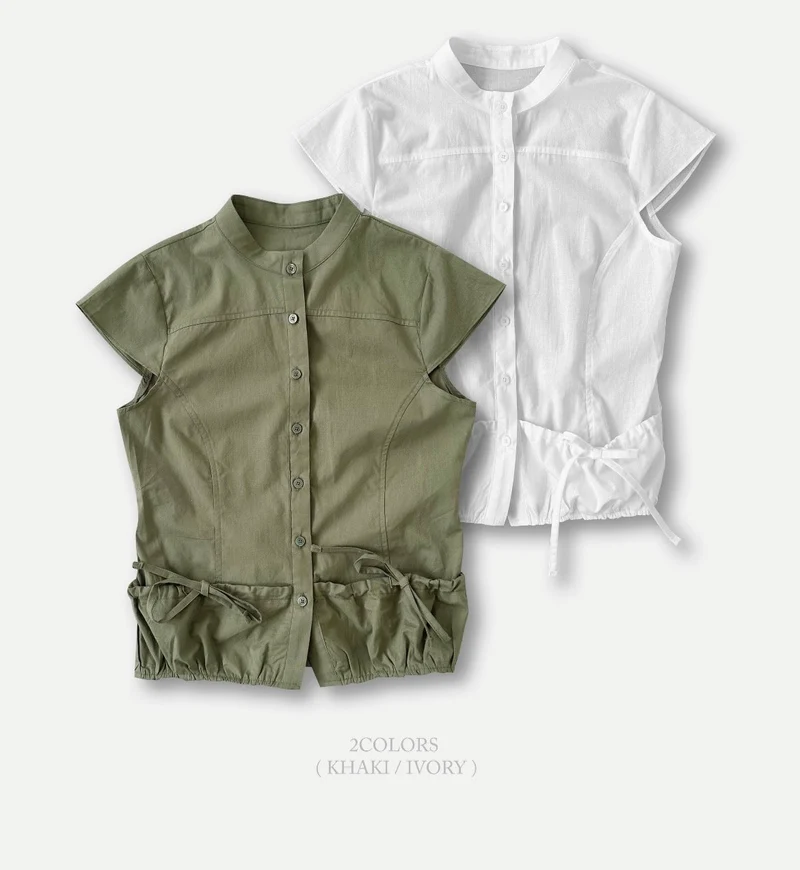 ASKHAKI Stand Collar Patch Pocket Drawstring Hem Cropped Shirt