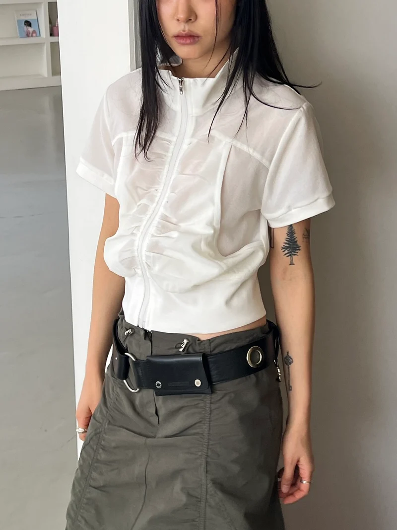 ASKHAKI Cooling Shirred Stand Collar Cropped Zip-Up