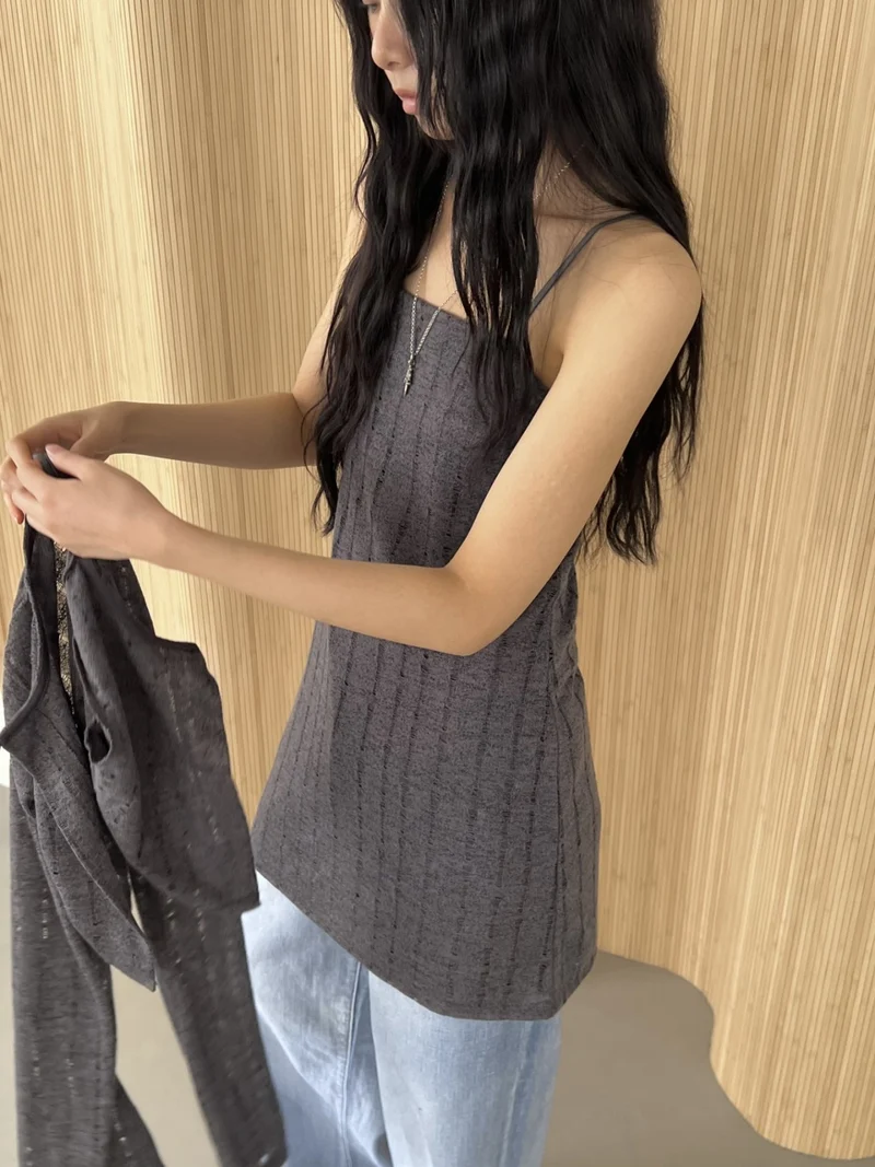 ASKHAKI Hole Knit Open-Front Cardigan & Square Neck Mini Dress Set