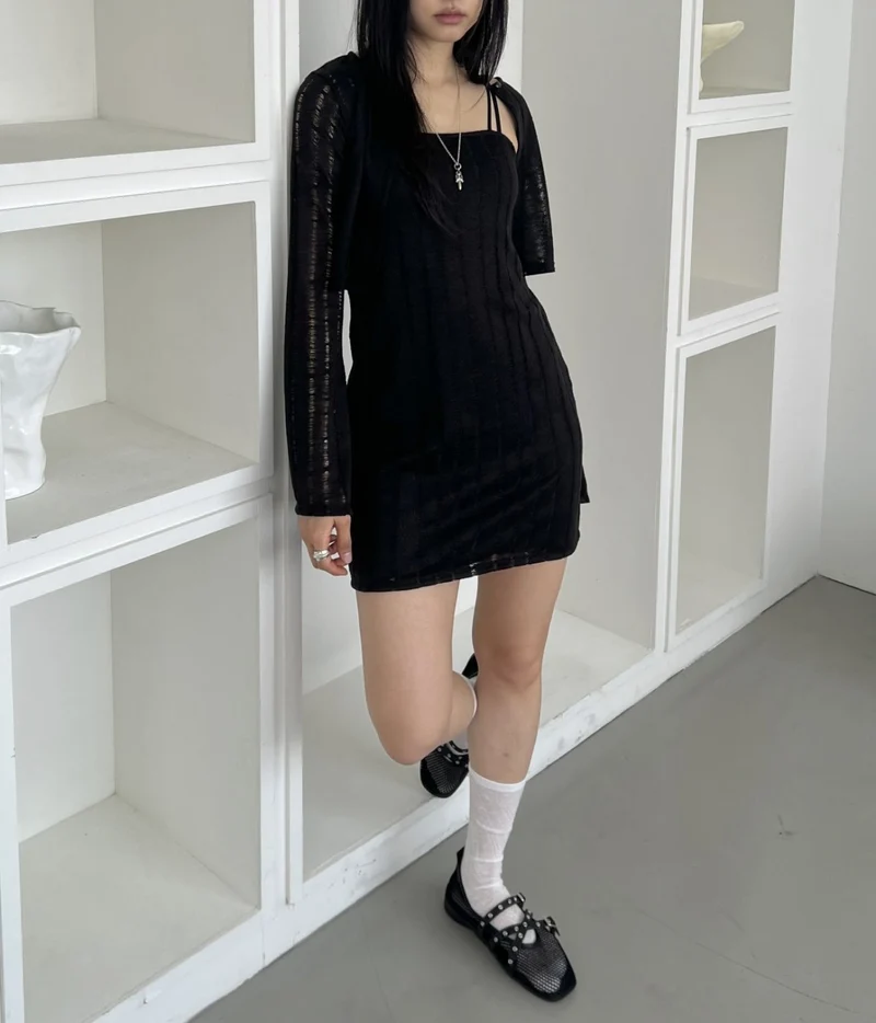 ASKHAKI Hole Knit Open-Front Cardigan & Square Neck Mini Dress Set