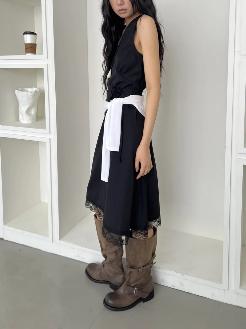 ASKHAKI Lace Hem Side Tie Sleeveless Long Dress