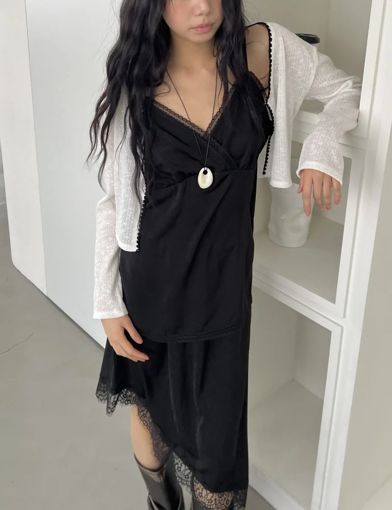 ASKHAKI Lace Trim Slip Blouse & Asymmetric Skirt Set