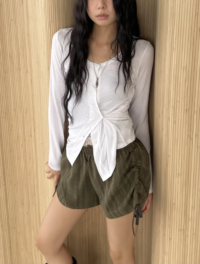 (2Pack) ASKHAKI Button-Front Drawstring Cropped Long Sleeve Cardigan