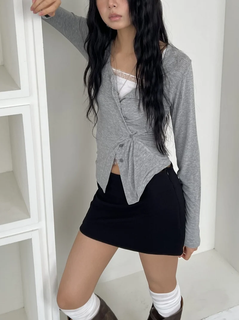 (2Pack) ASKHAKI Button-Front Drawstring Cropped Long Sleeve Cardigan