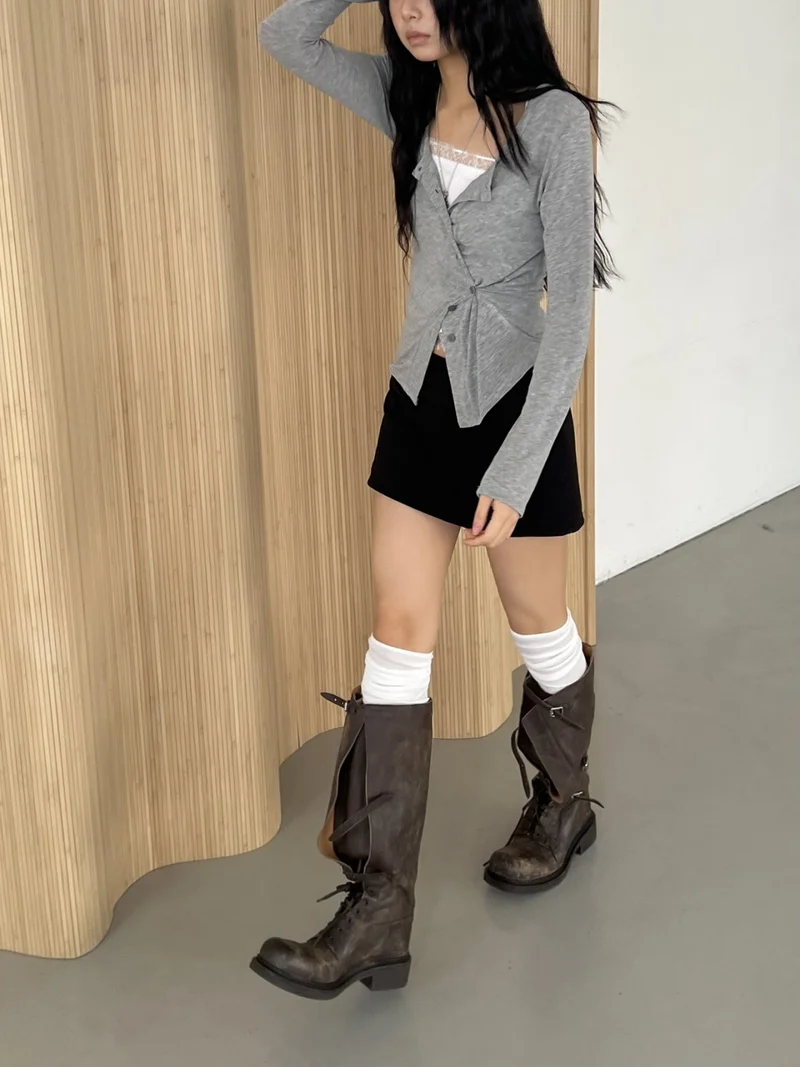 (2Pack) ASKHAKI Button-Front Drawstring Cropped Long Sleeve Cardigan