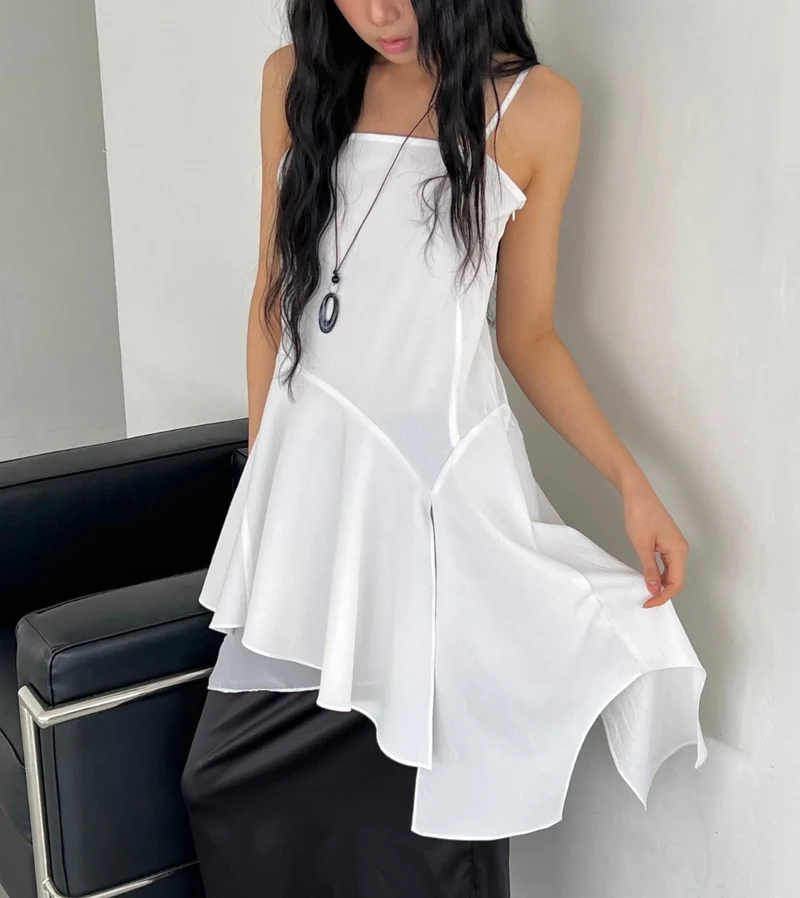 ASKHAKI Square Neck Chiffon Flare Mini Dress