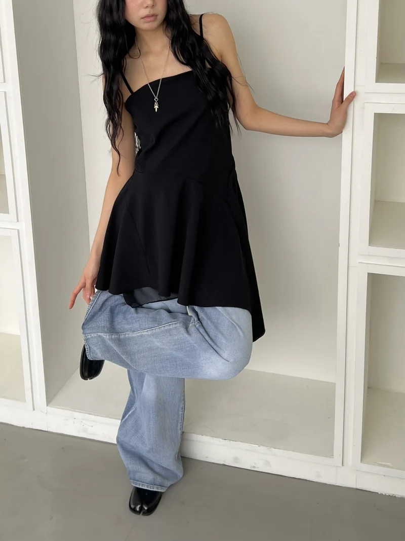 ASKHAKI Square Neck Chiffon Flare Mini Dress