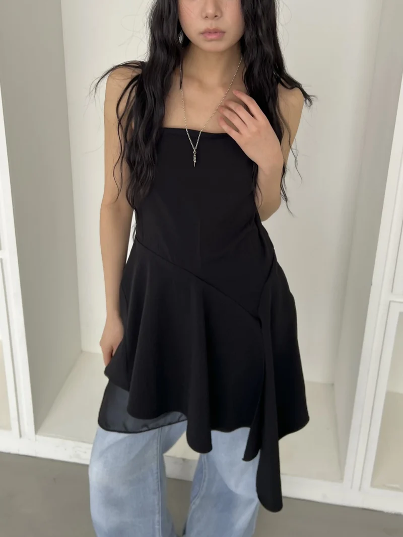 ASKHAKI Square Neck Chiffon Flare Mini Dress