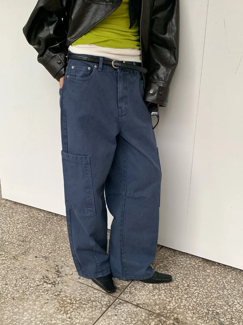 Vaara Cargo Pocket Curved Wide Pants — High Waist Button Zip Full Length