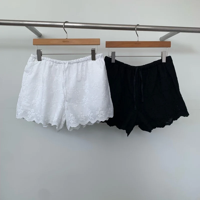 VAARA Eyelet Embroidery Scallop Hem Shorts with Drawstring Elastic Waist