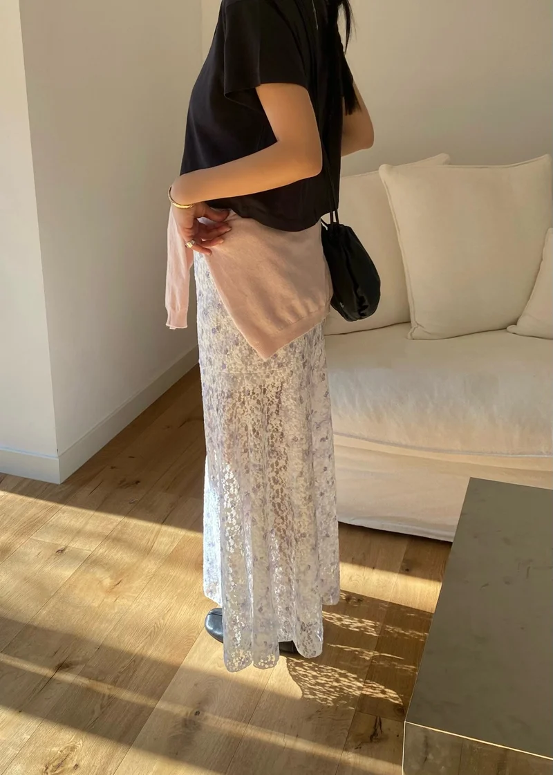 OUPPT Floral Lace Elastic Waist Maxi Skirt with Flared Hem