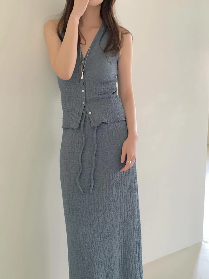 Hideaway Crinkle Texture Halter Crop Top & Drawstring Midi Skirt Set