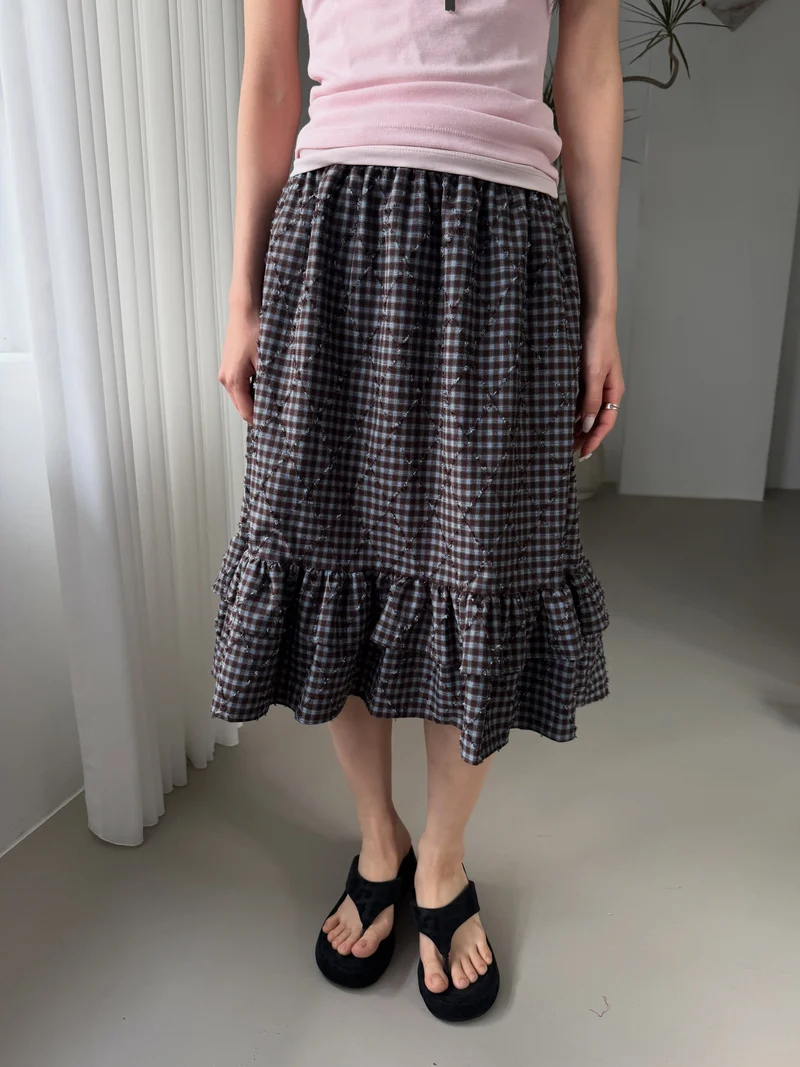 Poesie Check Elastic Waist Midi Skirt with Ruffle Hem