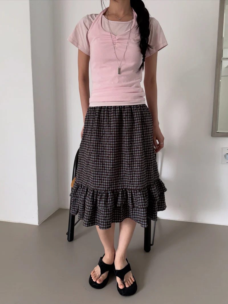 Poesie Check Elastic Waist Midi Skirt with Ruffle Hem