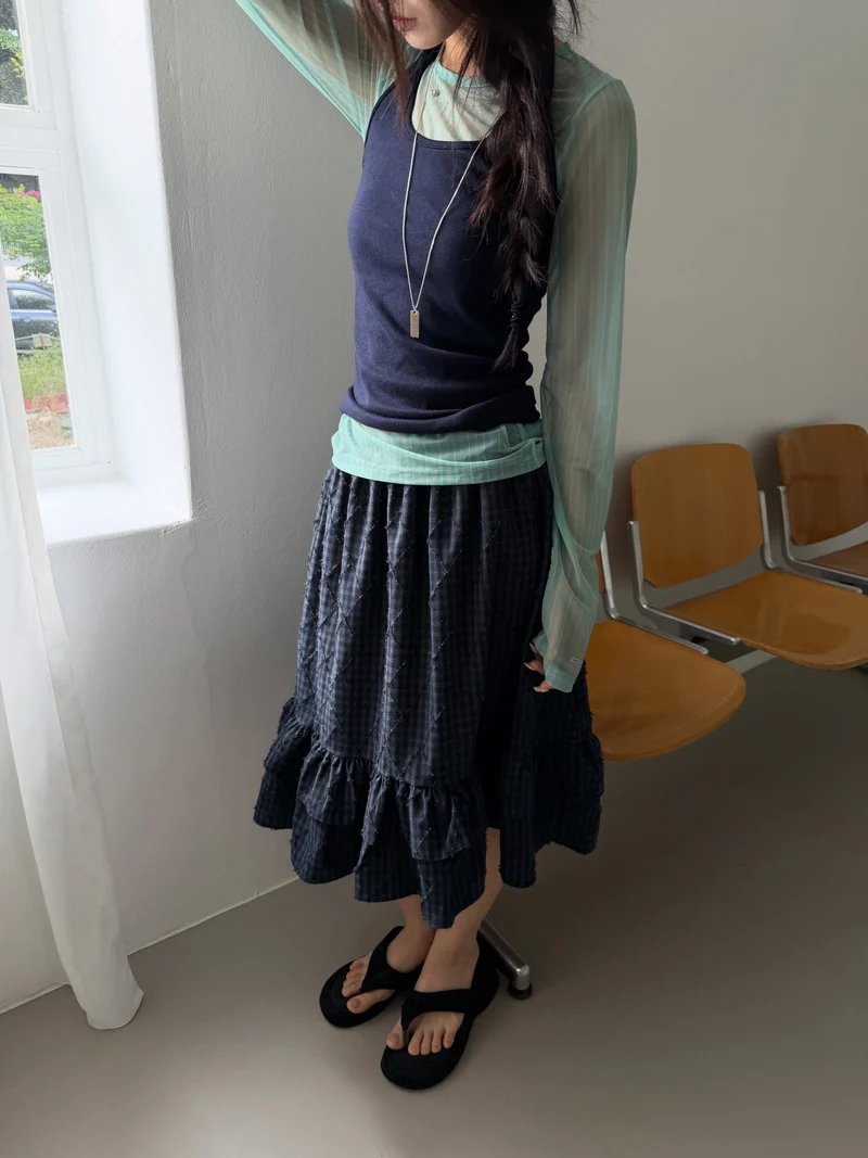 Poesie Check Elastic Waist Midi Skirt with Ruffle Hem