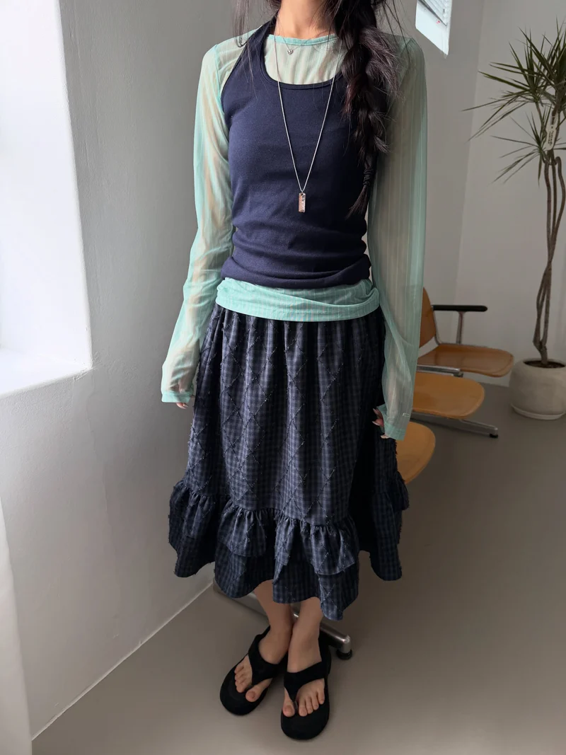 Poesie Check Elastic Waist Midi Skirt with Ruffle Hem