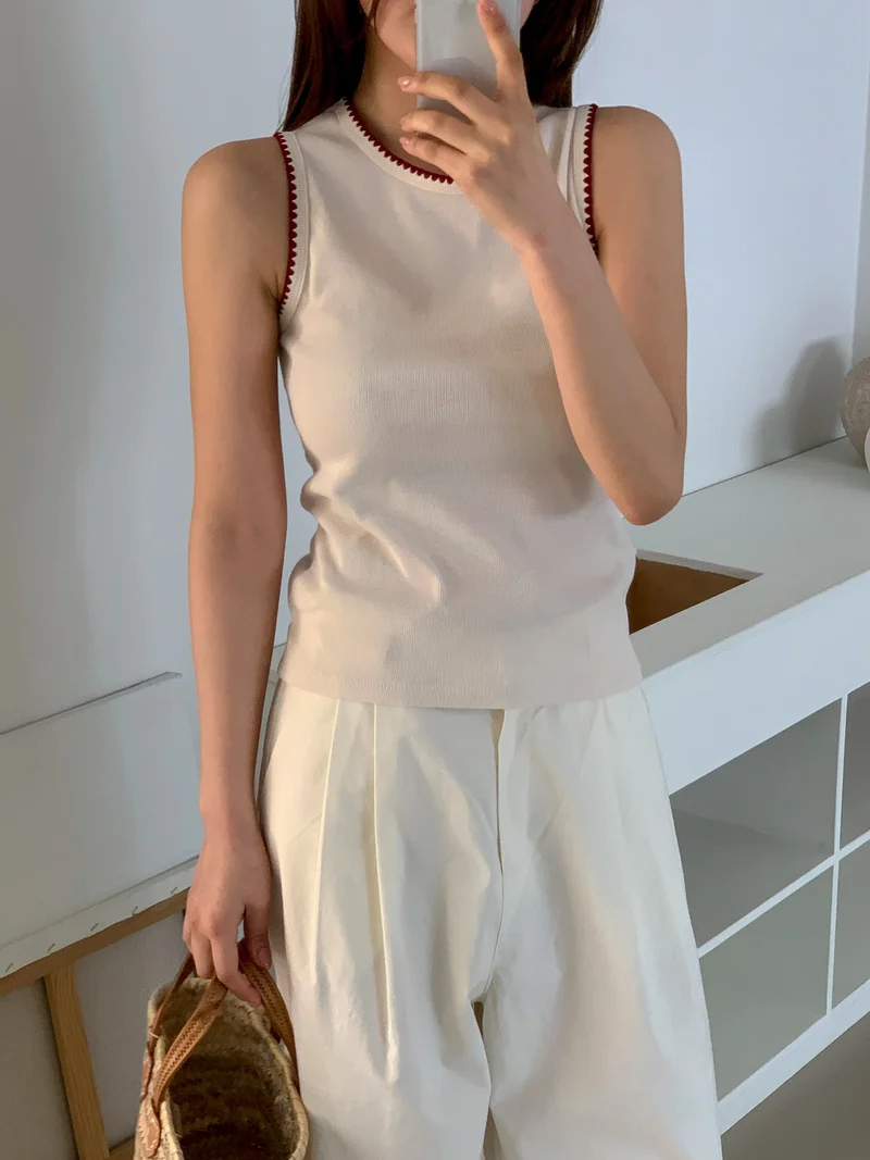 (2Pack)Moment Ribbed Round Neck Sleeveless Top with Contrast Picot Trim