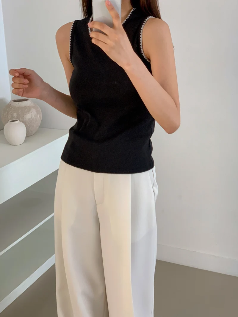 (2Pack)Moment Ribbed Round Neck Sleeveless Top with Contrast Picot Trim