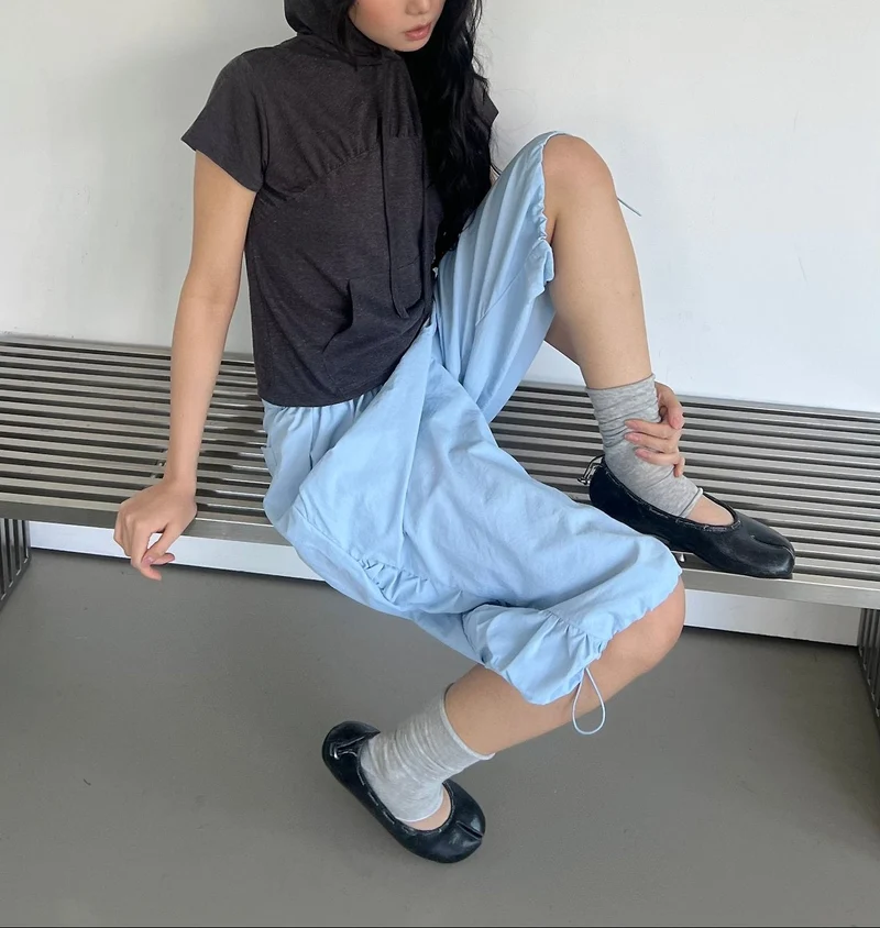 ASKHAKI Side Shirring Drawstring Hem Wide Bermuda Pants