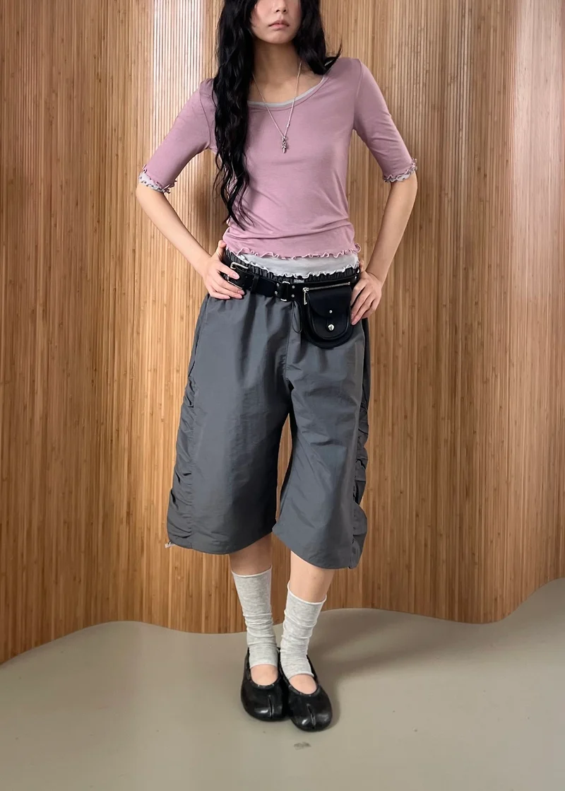 ASKHAKI Side Shirring Drawstring Hem Wide Bermuda Pants