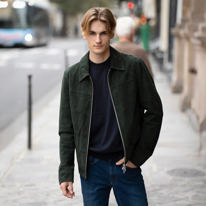 Blouson "James" en Cuir Vert à Col Chemise