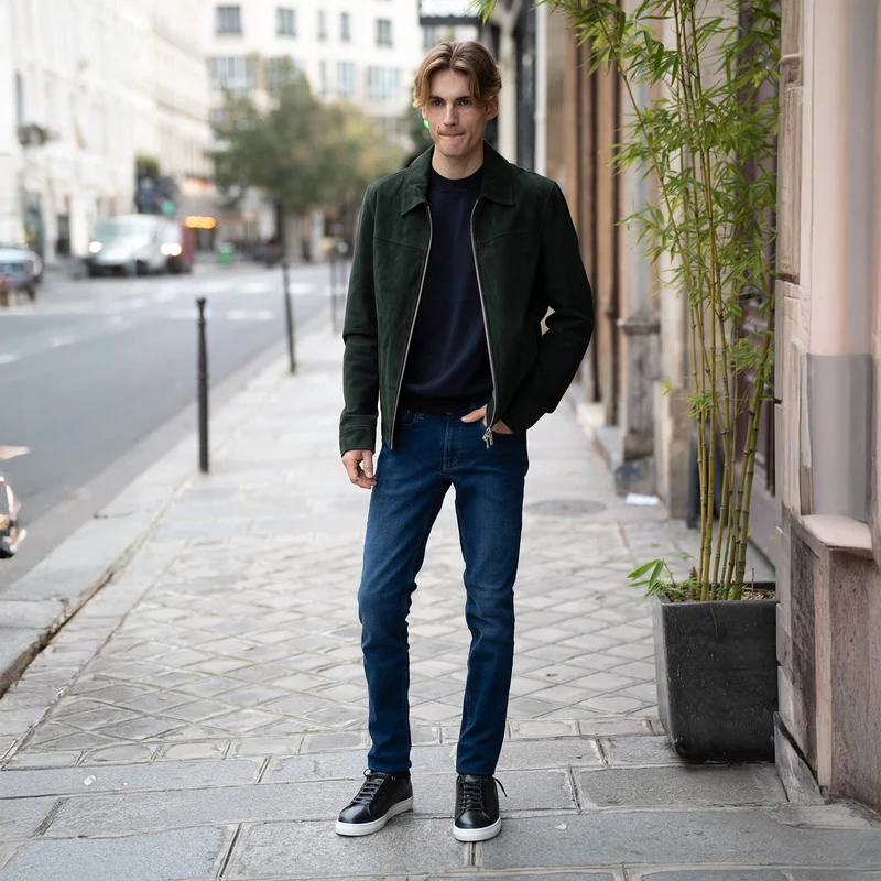 Blouson "James" en Cuir Vert à Col Chemise
