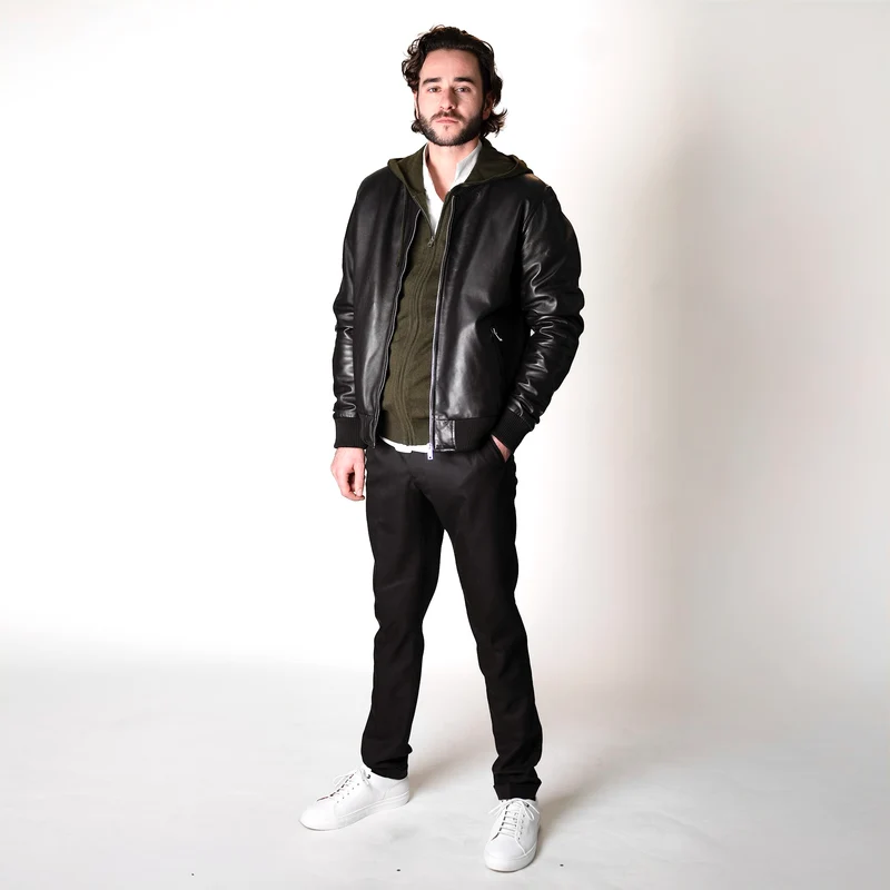 Bombers "Voltaire" en Cuir Noir à Bords-Côtes