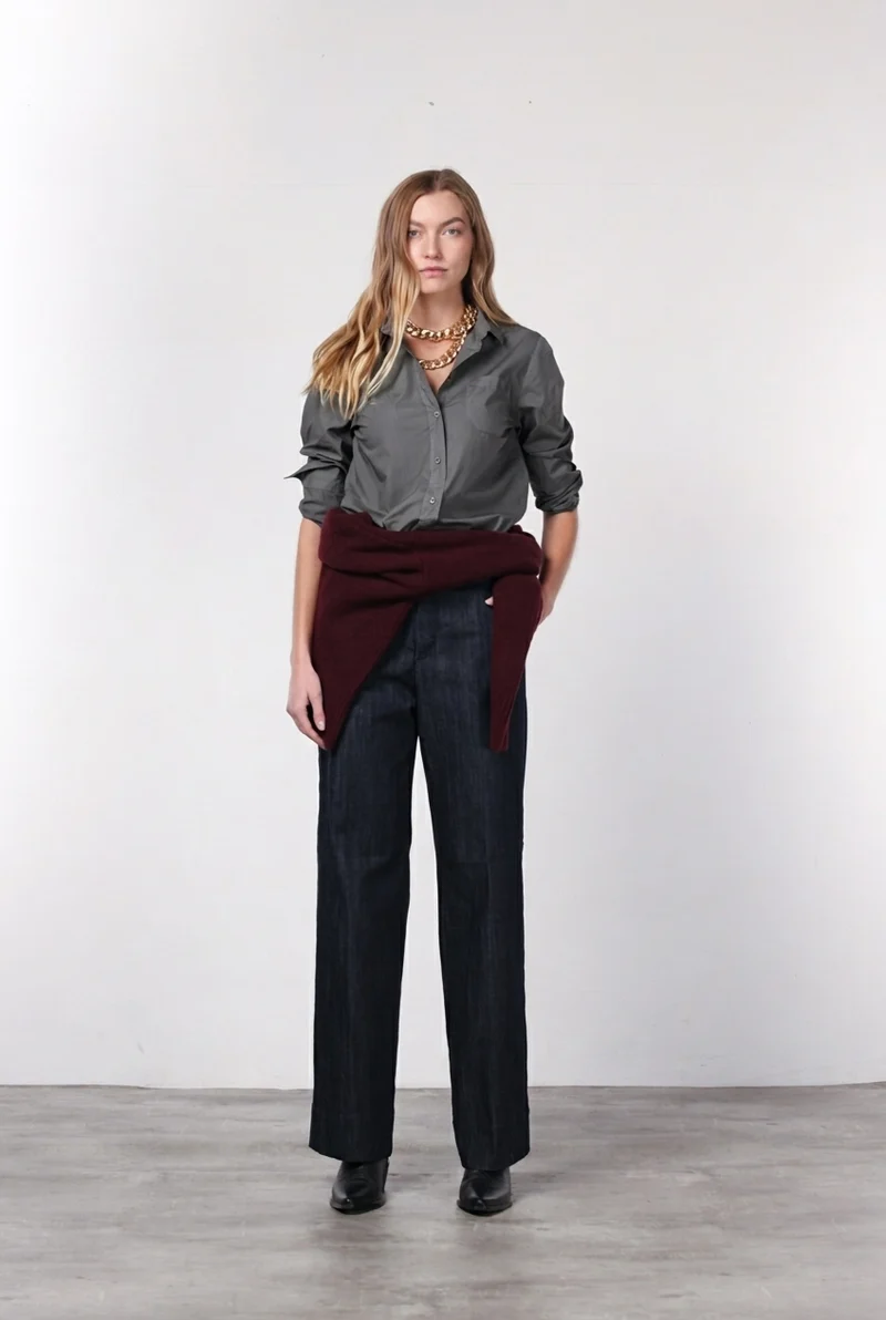New York Studio pantalon chino femme en denim stretch, straight fit ①