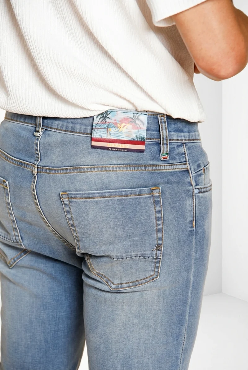 Harris pantalon 5 poches homme en denim délavage clair imprimé Hawaï slim fit
