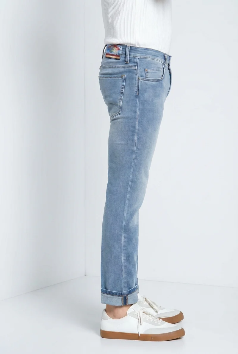 Harris pantalon 5 poches homme en denim délavage clair imprimé Hawaï slim fit