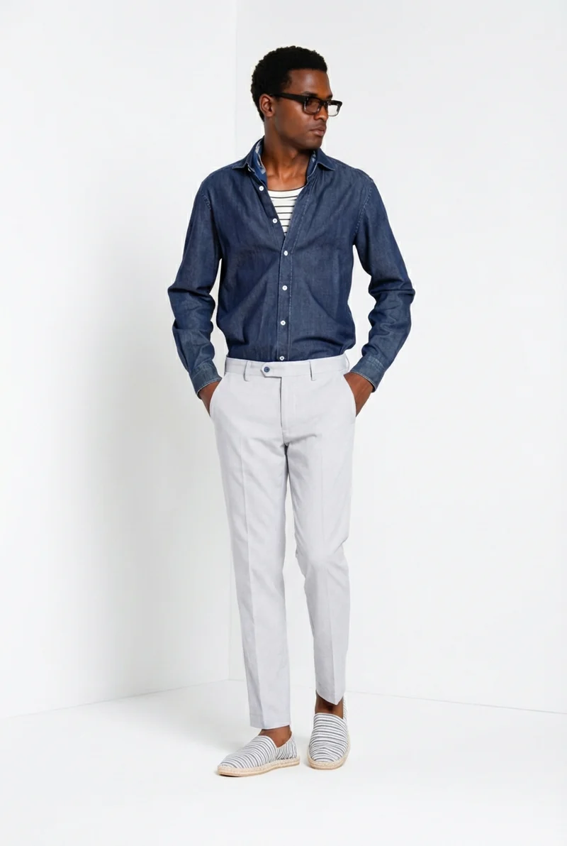 Torino pantalon chino homme en micro-motif pied-de-poule teint en fil bleu slim fit