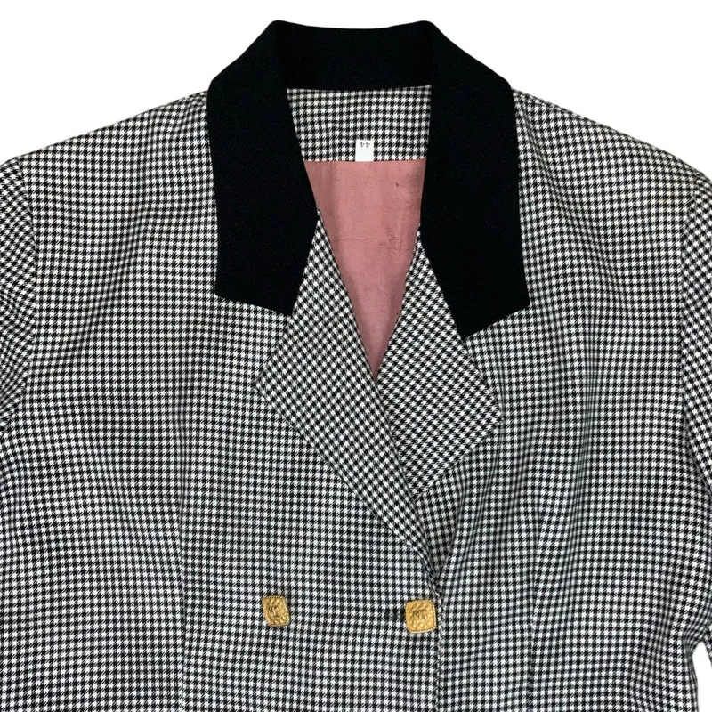 Vintage 70s 80s Double Breasted Gold Button Black White Check Houndstooth Blazer Jacket S 12 14
