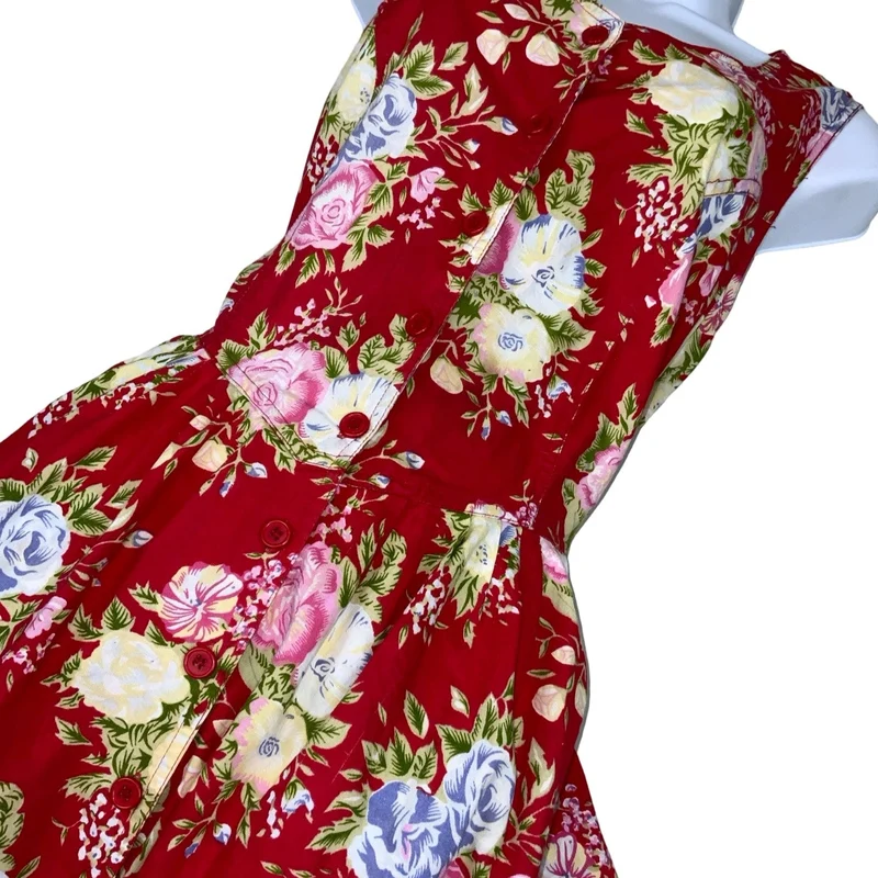 Vintage 80s 90s 'Citilites' Red Floral Aline Pockets Sleeveless Midi Dress 14 16