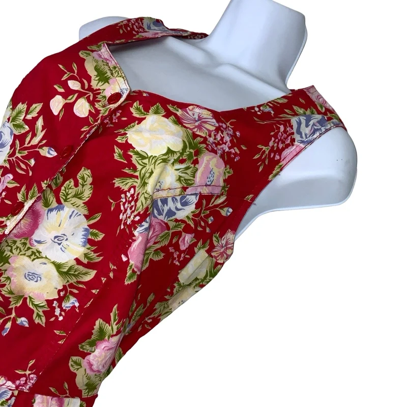 Vintage 80s 90s 'Citilites' Red Floral Aline Pockets Sleeveless Midi Dress 14 16
