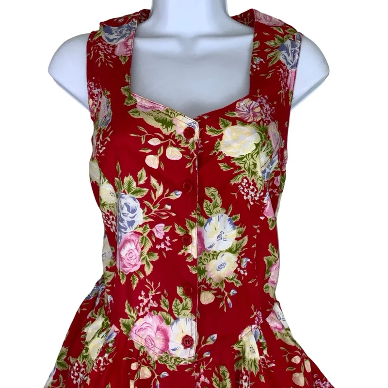 Vintage 80s 90s 'Citilites' Red Floral Aline Pockets Sleeveless Midi Dress 14 16