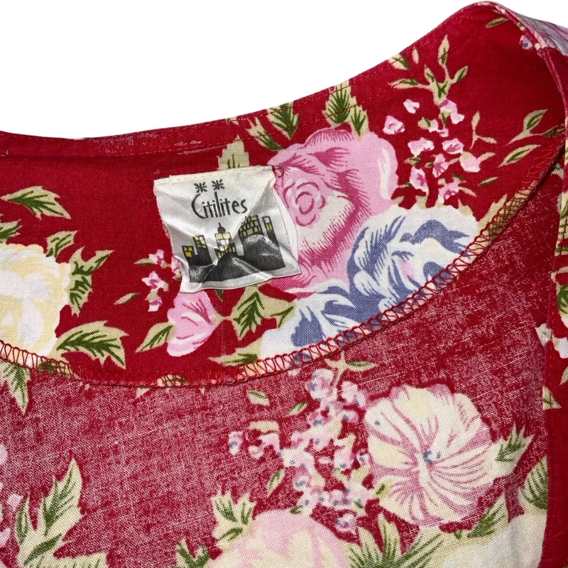 Vintage 80s 90s 'Citilites' Red Floral Aline Pockets Sleeveless Midi Dress 14 16