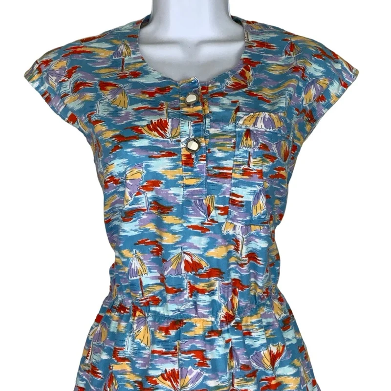 Vintage 80s Sleeveless Blue Yellow White Umbrella Patterned Midi Summer Dress 12 14