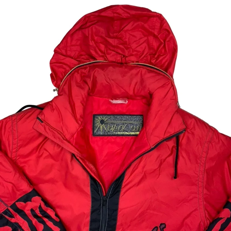Vintage 1990s Black Sun Red Black Graphic Zip-Up Puffer Outdoor Ski Jacket XXL