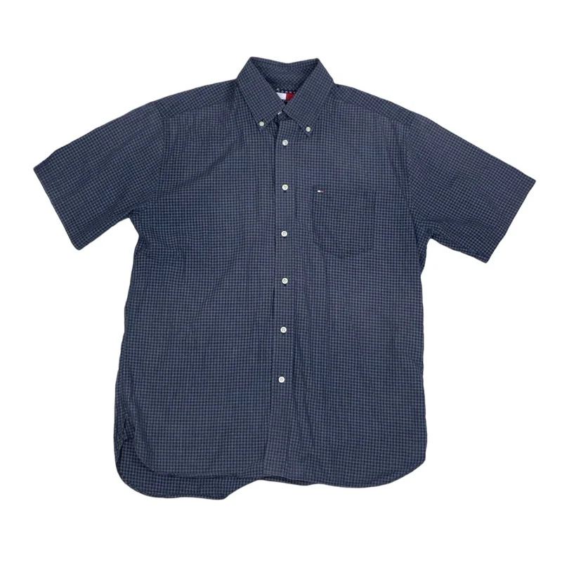 Vintage 2000s Tommy Hilfiger Blue White Checked Short Sleeve Casual Shirt XL