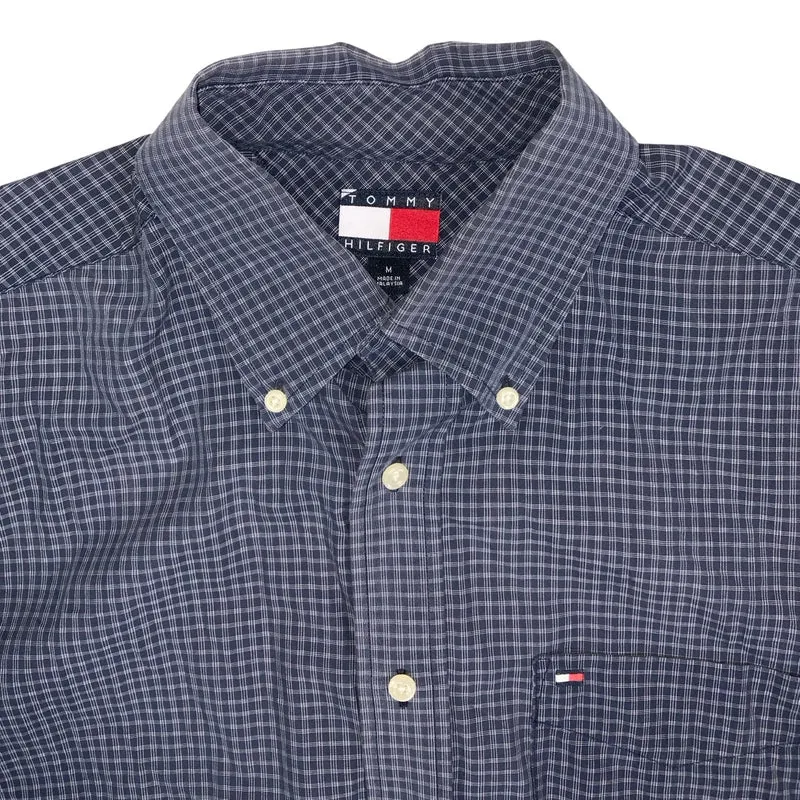 Vintage 2000s Tommy Hilfiger Blue White Checked Short Sleeve Casual Shirt XL