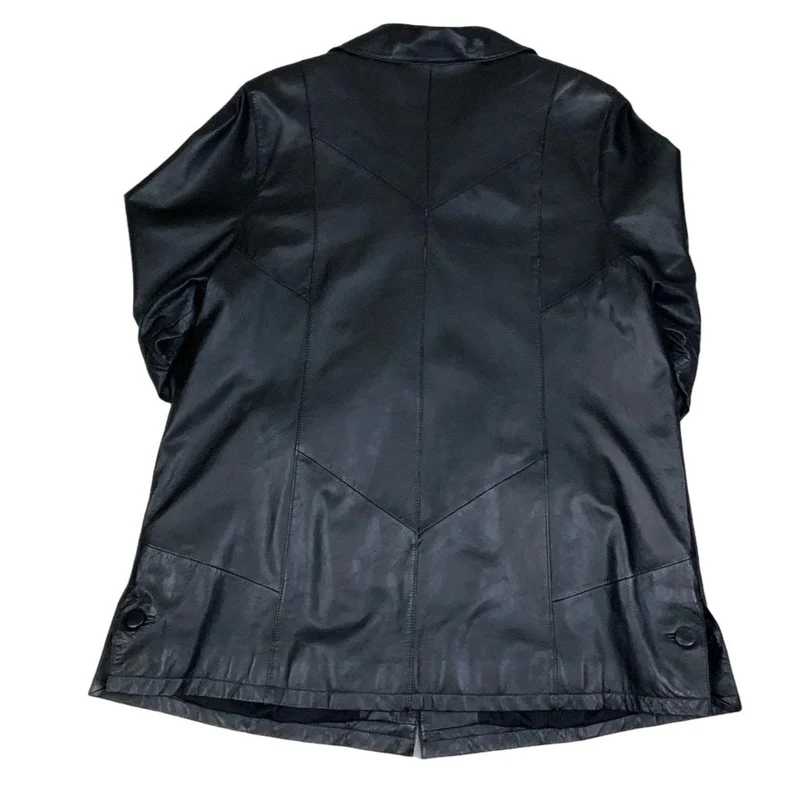 Vintage 90s 'Canda' C&A Black Swing Leather Coat Jacket M L