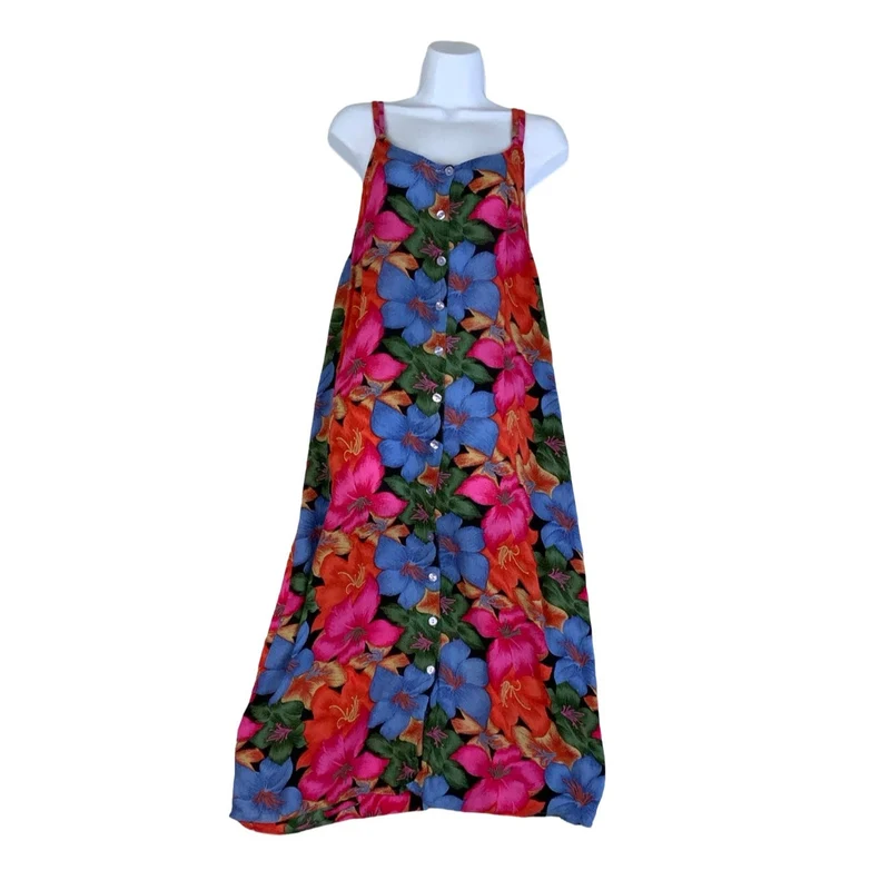 Vintage 90s Y2k Blue Orange Pink Green Floral Sleeveless Maxi Dress 12 14
