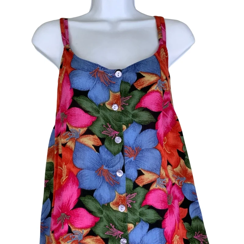 Vintage 90s Y2k Blue Orange Pink Green Floral Sleeveless Maxi Dress 12 14